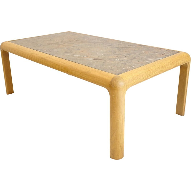 Vintage coffee table in fossil stone and golden oak by Heinz Lilienthal, 1980