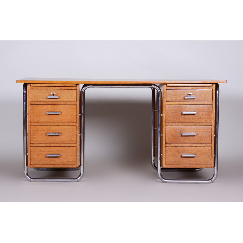 Vintage oakwood and steel desk by Vichr a Spol, 1930s