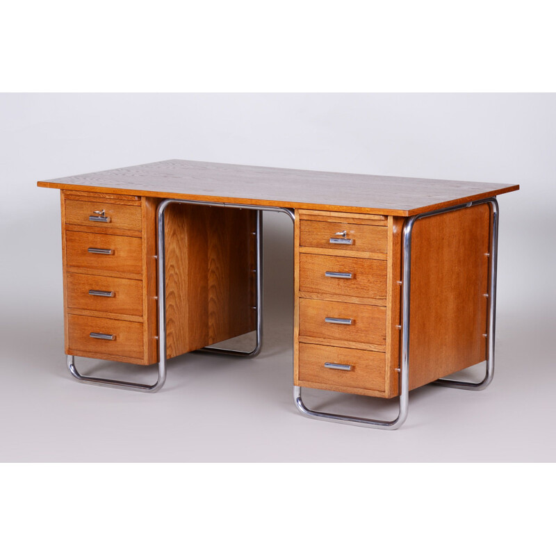 Vintage oakwood and steel desk by Vichr a Spol, 1930s