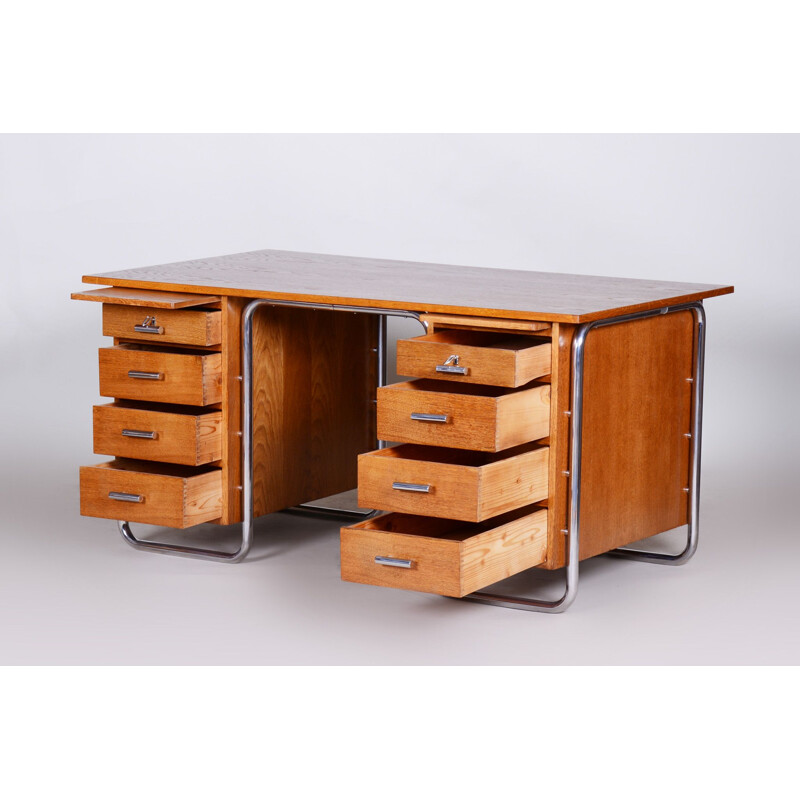 Vintage oakwood and steel desk by Vichr a Spol, 1930s
