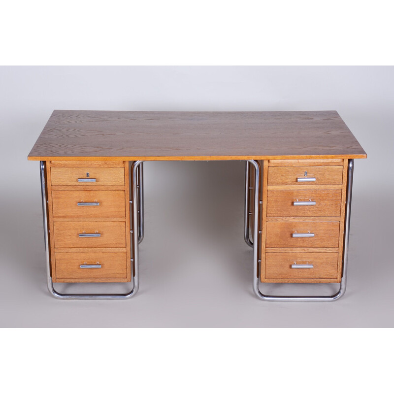 Vintage oakwood and steel desk by Vichr a Spol, 1930s