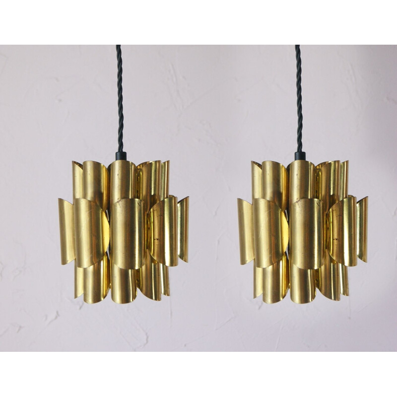 Pair of vintage brass pendant lamps by Werner Schou for Coronell Elektro, 1960s