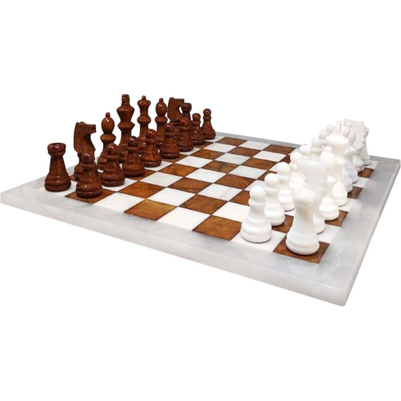 Vintage Prodotti brown and white chess set in volterra alabaster handmade, Italy 1970s