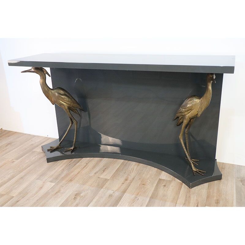 Vintage console in lacquered wood and brass herons, 1970
