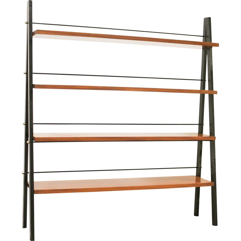 Scandinavian vintage teak and iron ladder shelves, Italy 1950s