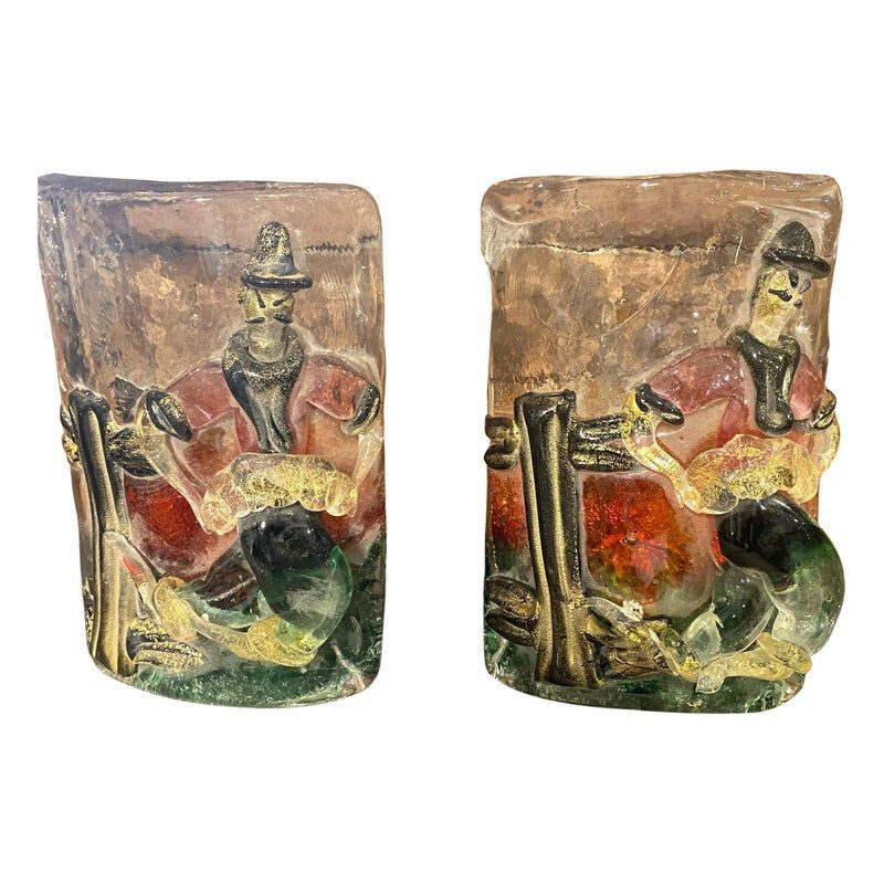 Paire d'appliques vintage en laiton et verre de Murano par Alfredo Barbini, 1960