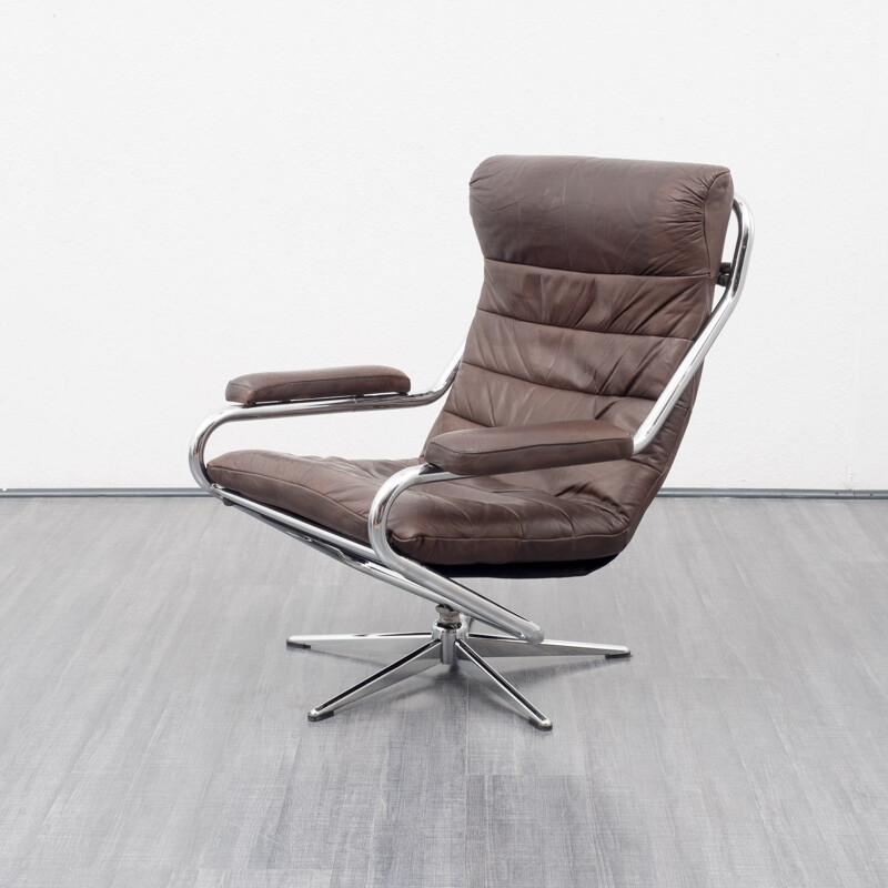 Fauteuil vintage en métal chromé et cuir brun - 1970