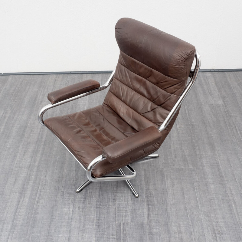 Mid-century armchair in chromed metal and brown leather - 1970s