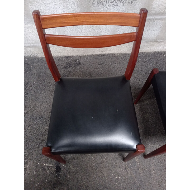 Conjunto de mesa e cadeiras de teca Vintage, pele preta, 1950