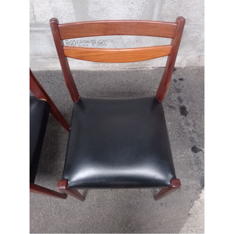 Juego de mesa y sillas de teca vintage, polipiel negra, 1950