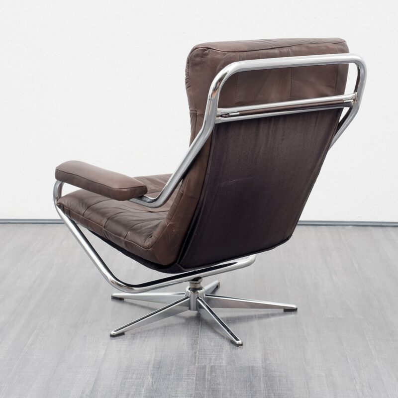 Fauteuil vintage en métal chromé et cuir brun - 1970