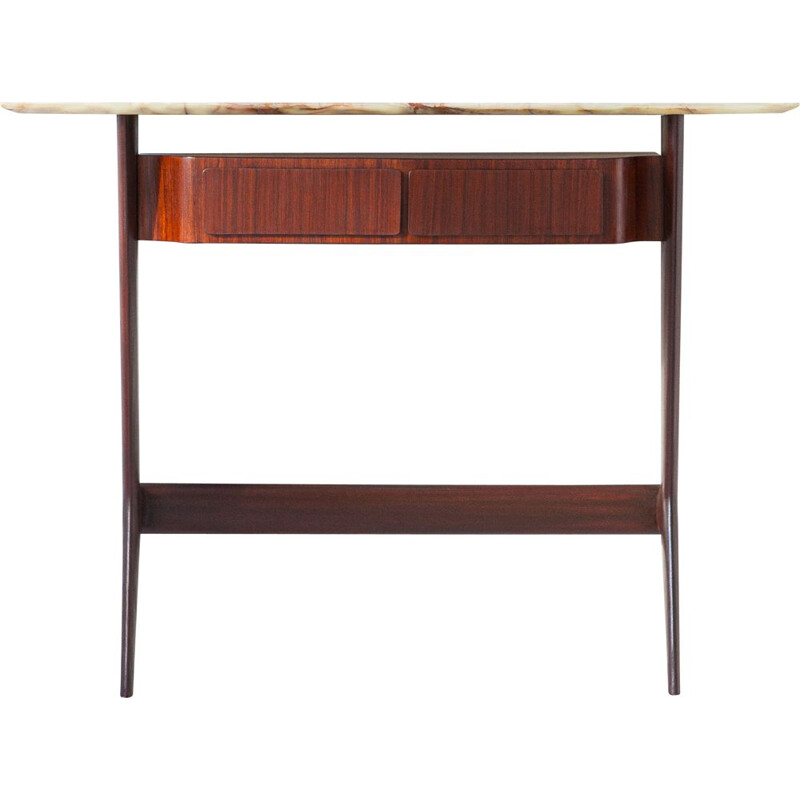 Table console vintage sculpturale en bois avec plateau en marbre, Italie 1950