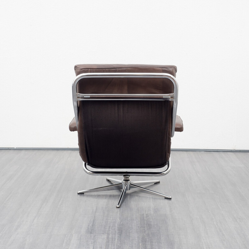 Mid-century armchair in chromed metal and brown leather - 1970s