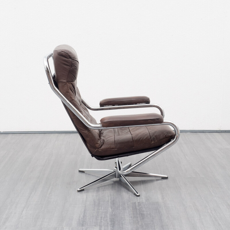 Fauteuil vintage en métal chromé et cuir brun - 1970