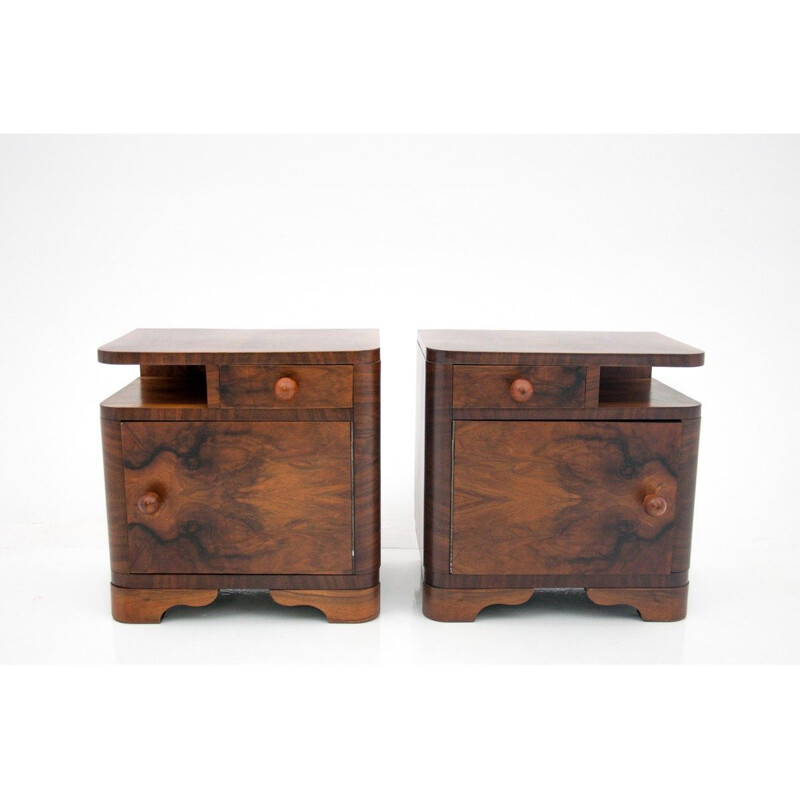 Pair of vintage Art Deco walnut night stands, Poland