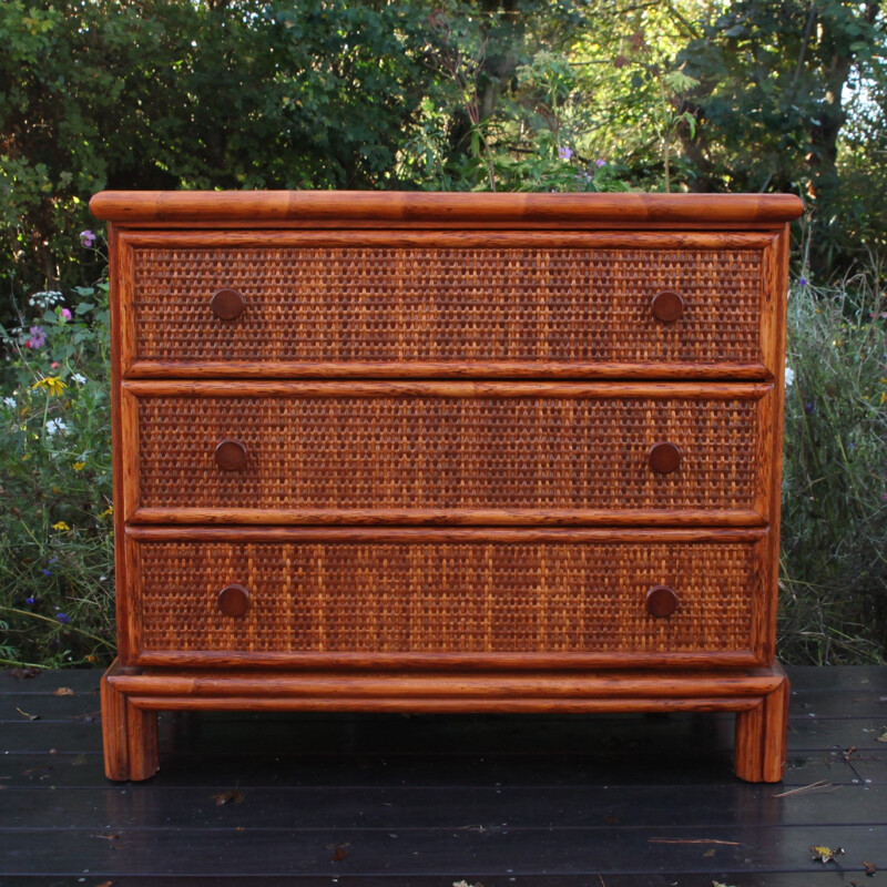 Vintage Maugrion chest of drawers in wood and rattan for Roche Bobois, 1980