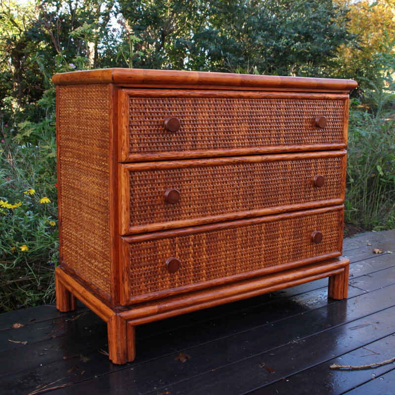 Commode Maugrion vintage en bois et rotin pour Roche Bobois, 1980