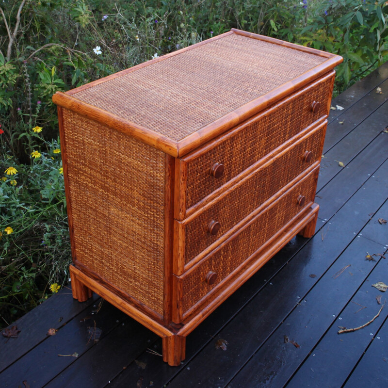 Vintage Maugrion chest of drawers in wood and rattan for Roche Bobois, 1980