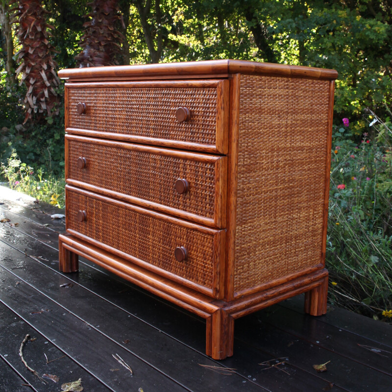 Vintage Maugrion chest of drawers in wood and rattan for Roche Bobois, 1980