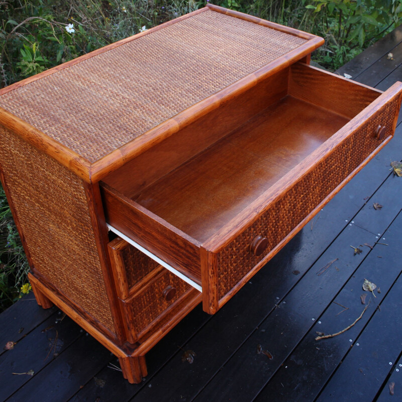 Vintage Maugrion chest of drawers in wood and rattan for Roche Bobois, 1980