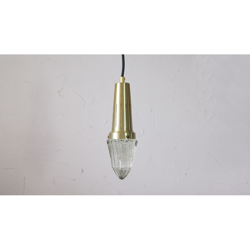 Vintage Icicle glass aluminum and brass pendant light by Vitrika, 1960