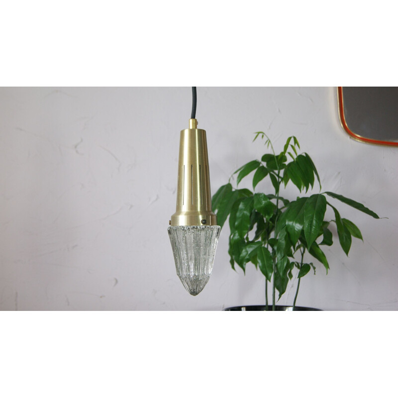 Vintage Icicle glass aluminum and brass pendant light by Vitrika, 1960