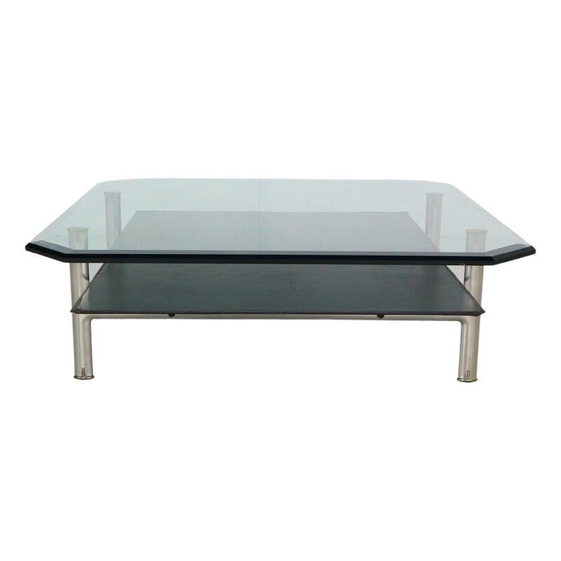 Vintage coffee table "Diesis" in glass and leather by Antonio Citterio for B and B Italia, Italy 1970