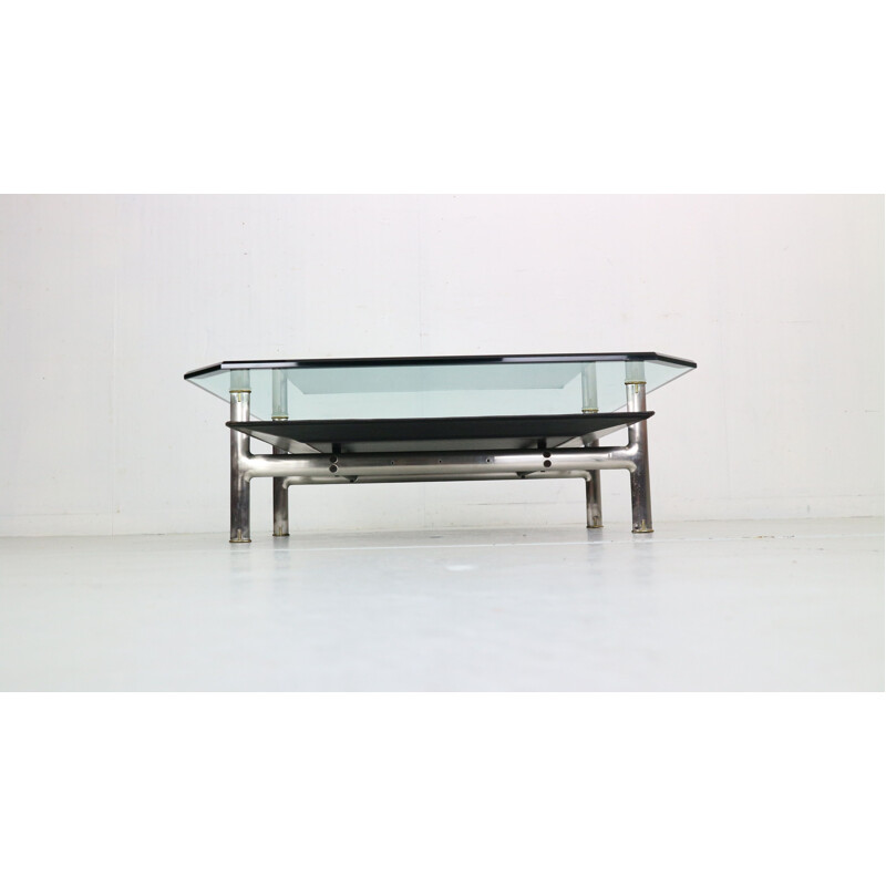 Vintage coffee table "Diesis" in glass and leather by Antonio Citterio for B and B Italia, Italy 1970
