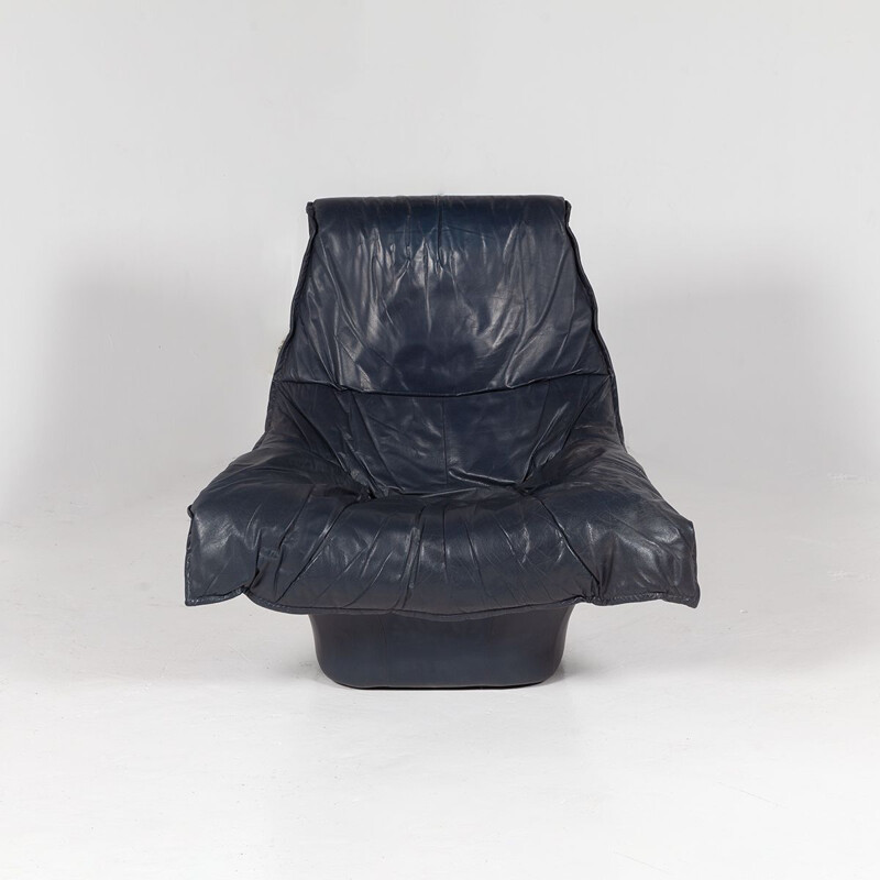 Vintage dark blue leather armchair, 1970s