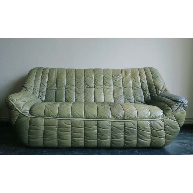 Vintage olive green patchwork leather sofa by Laauser, 1970s