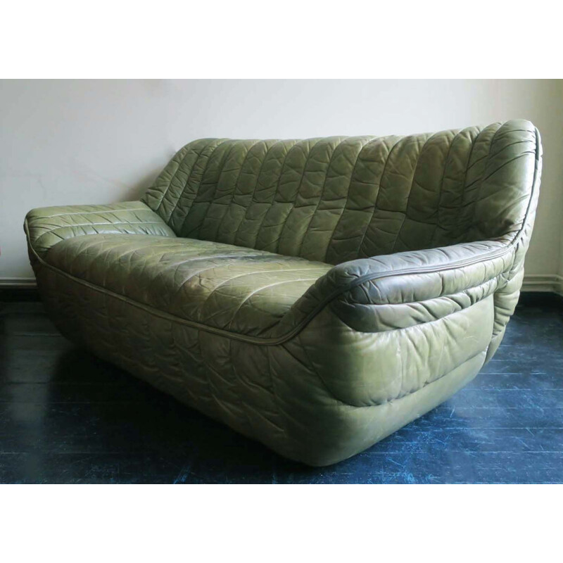 Canapé vintage en cuir vert olive patchwork de Laauser, 1970