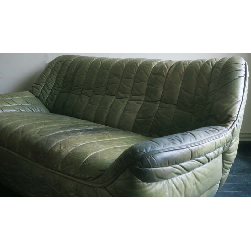 Vintage olive green patchwork leather sofa by Laauser, 1970s