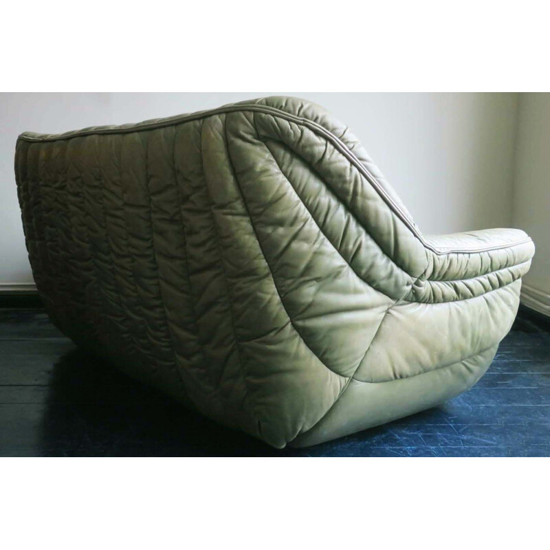 Vintage olive green patchwork leather sofa by Laauser, 1970s