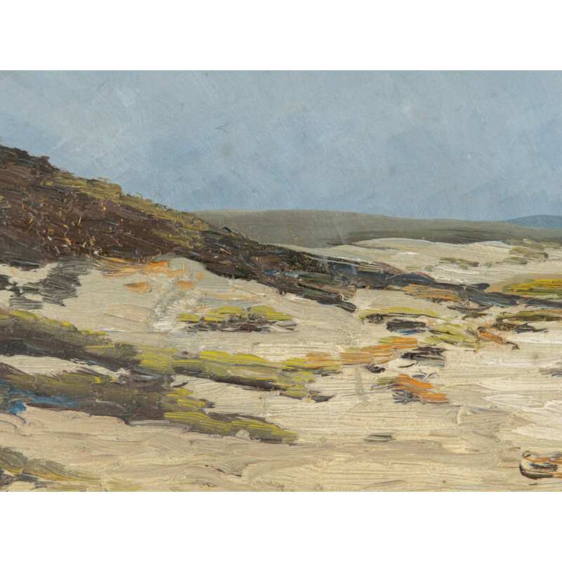 Huile sur panneau dur vintage "sable et mer" d'un paysage de plage