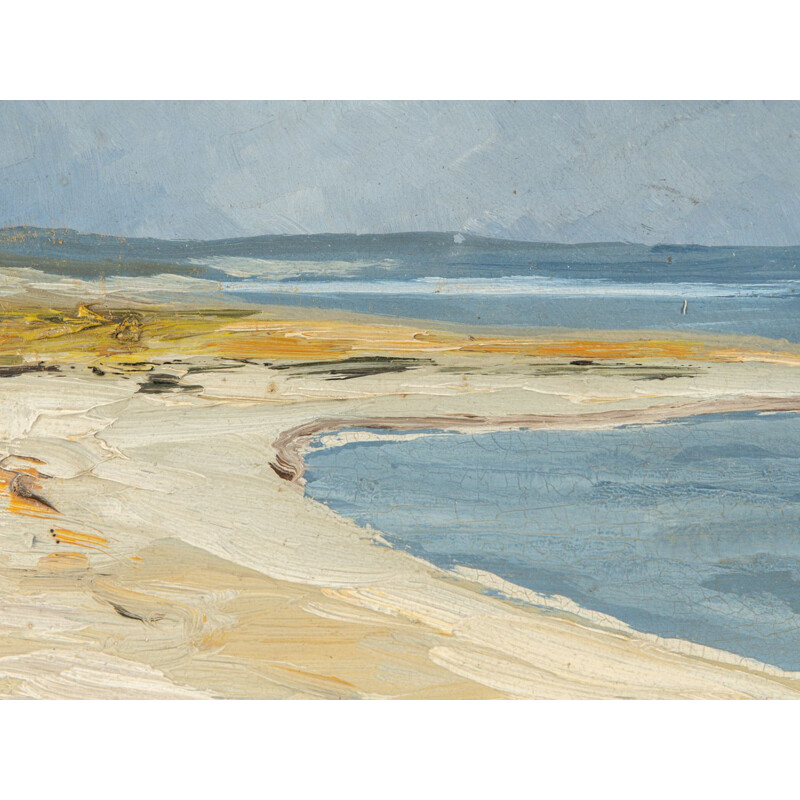 Huile sur panneau dur vintage "sable et mer" d'un paysage de plage