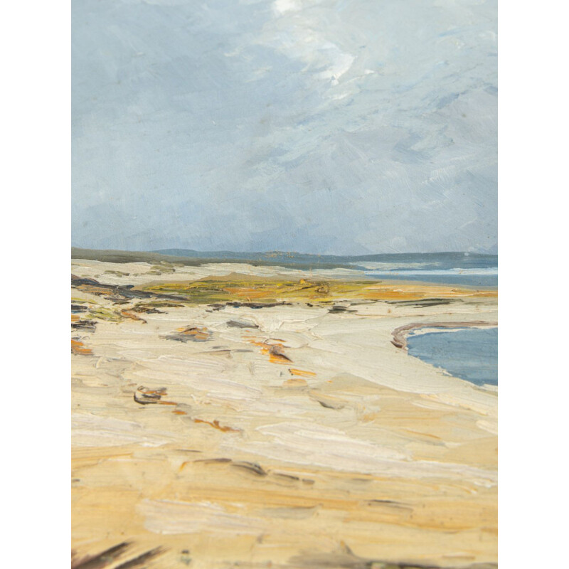 Huile sur panneau dur vintage "sable et mer" d'un paysage de plage