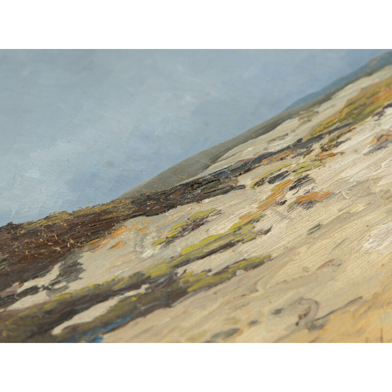 Oil on vintage hardboard "sand and sea" of a beach landscape