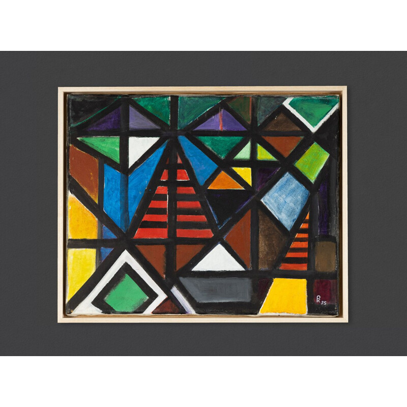 Acrylique sur toile vintage "Lignes de partage" formes géométriques