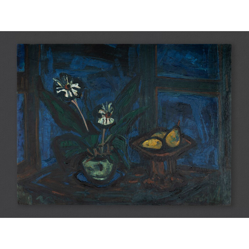 Olio su tavola rigida vintage "blue hour" natura morta con fiore e pera al buio