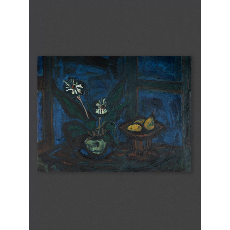 Oil on hardboard vintage "blue hour" still life with flower and pear in dark