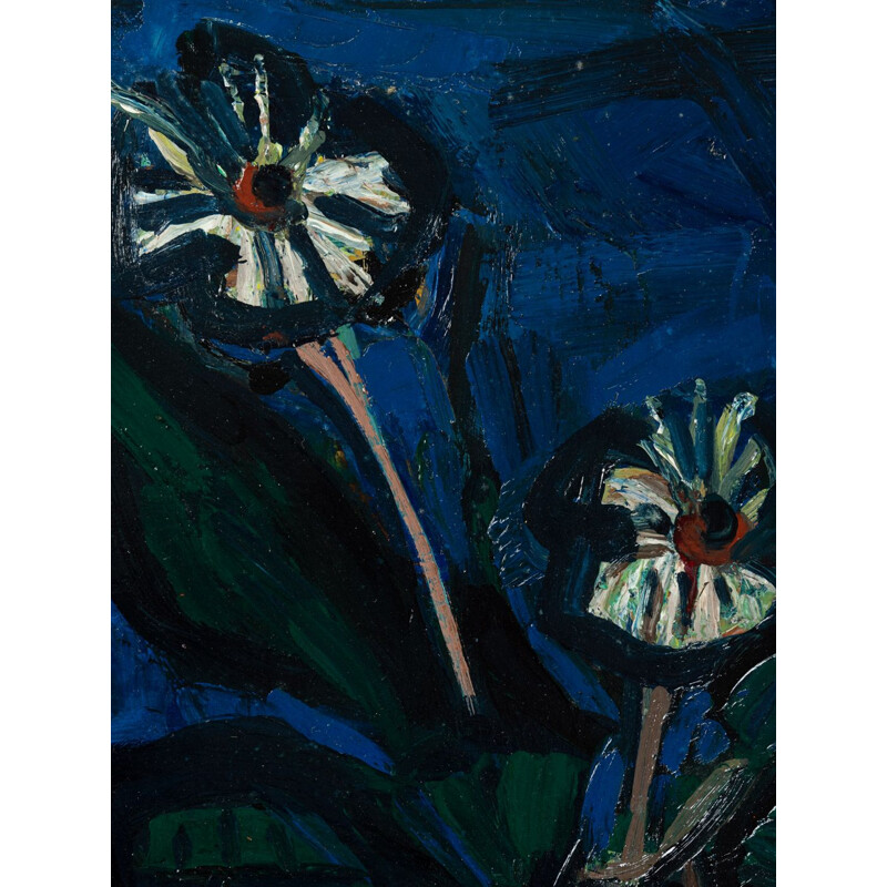 Olieverf op hardboard vintage "blauw uur" stilleven met bloem en peer in donker