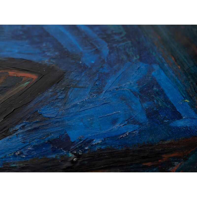Olieverf op hardboard vintage "blauw uur" stilleven met bloem en peer in donker