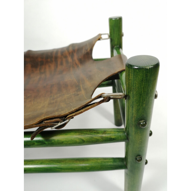 Vintage Safari fauteuil en poef in ruw leer, 1970