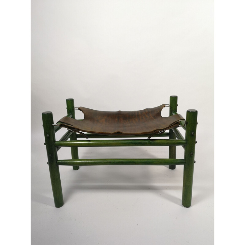 Vintage Safari fauteuil en poef in ruw leer, 1970