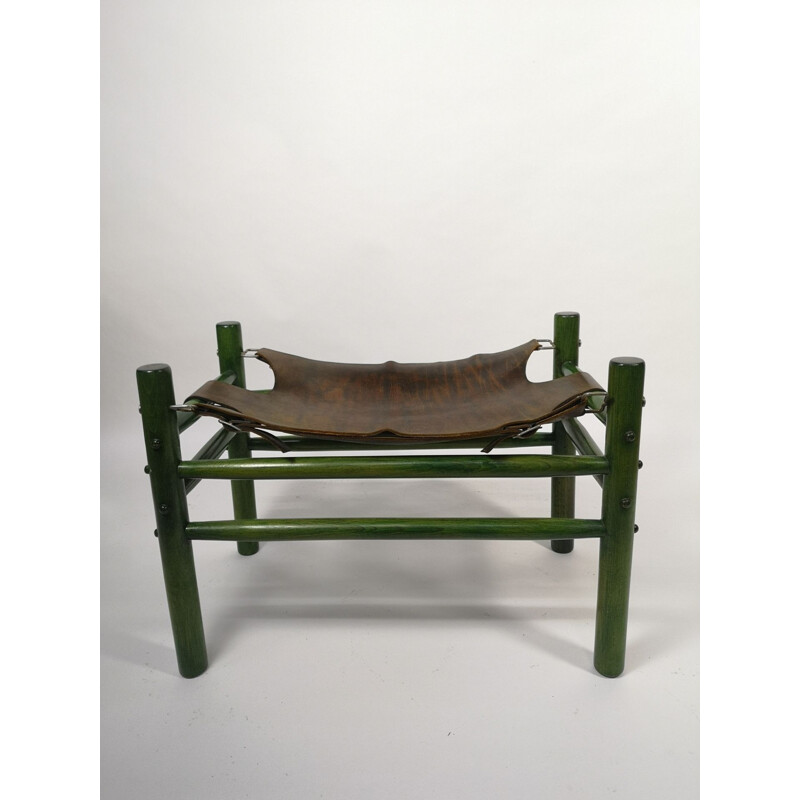 Sillón Safari Vintage y otomana de cuero crudo, 1970