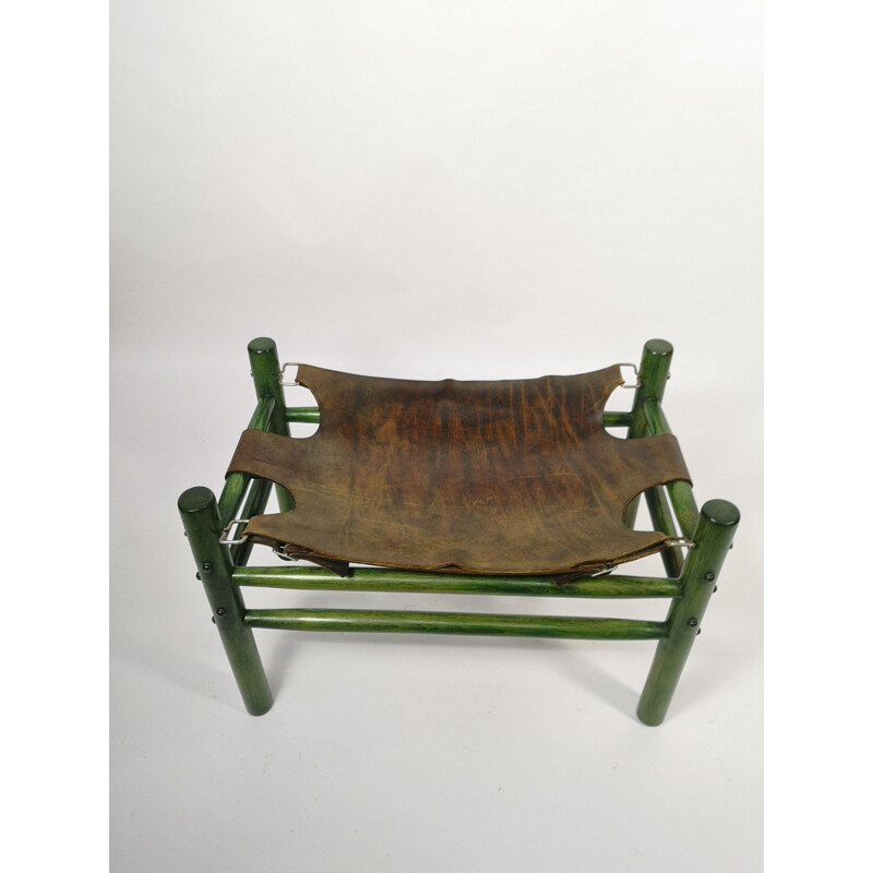 Sillón Safari Vintage y otomana de cuero crudo, 1970