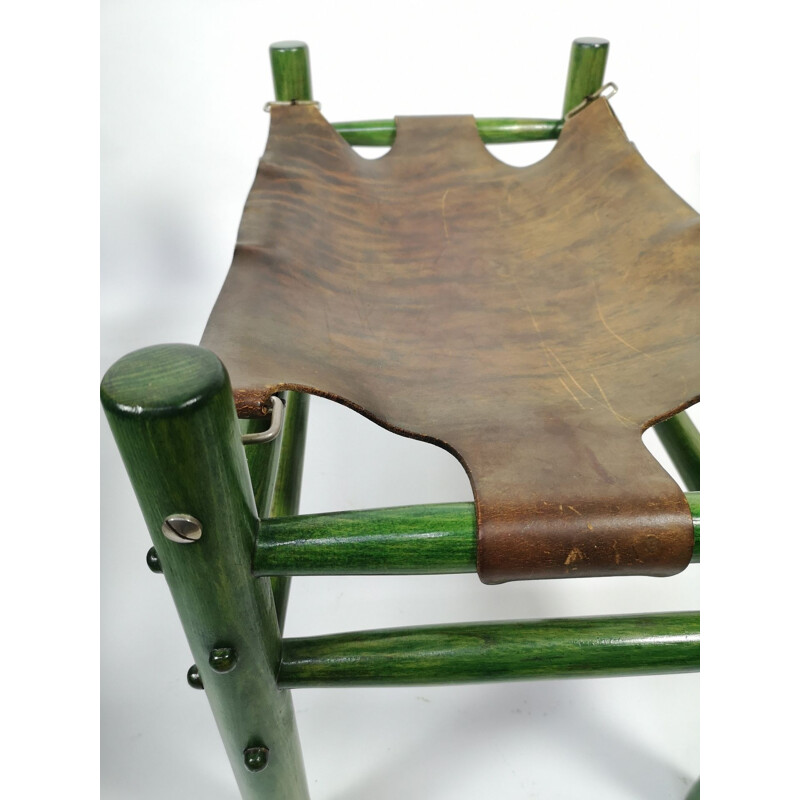 Vintage Safari fauteuil en poef in ruw leer, 1970