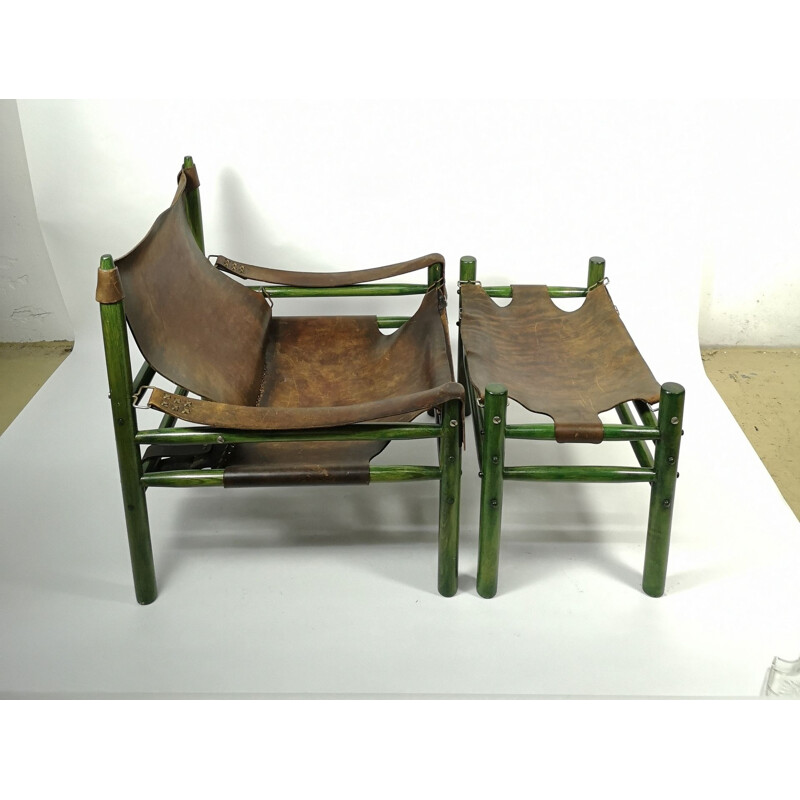 Sillón Safari Vintage y otomana de cuero crudo, 1970