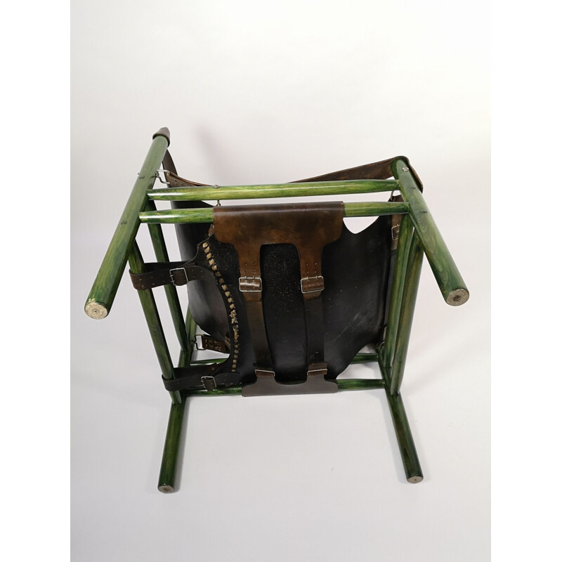 Vintage Safari fauteuil en poef in ruw leer, 1970