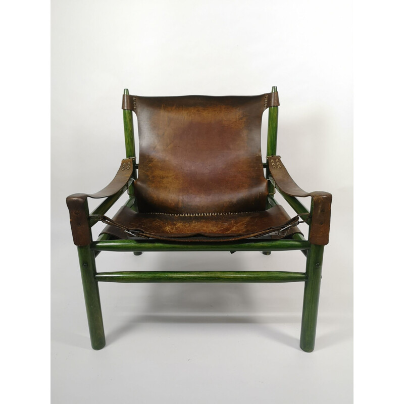 Vintage Safari fauteuil en poef in ruw leer, 1970